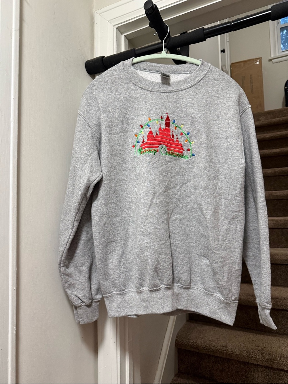 Disney Inspired Gray Crewneck Sweatshirt with Red Castle Holiday Embroidery